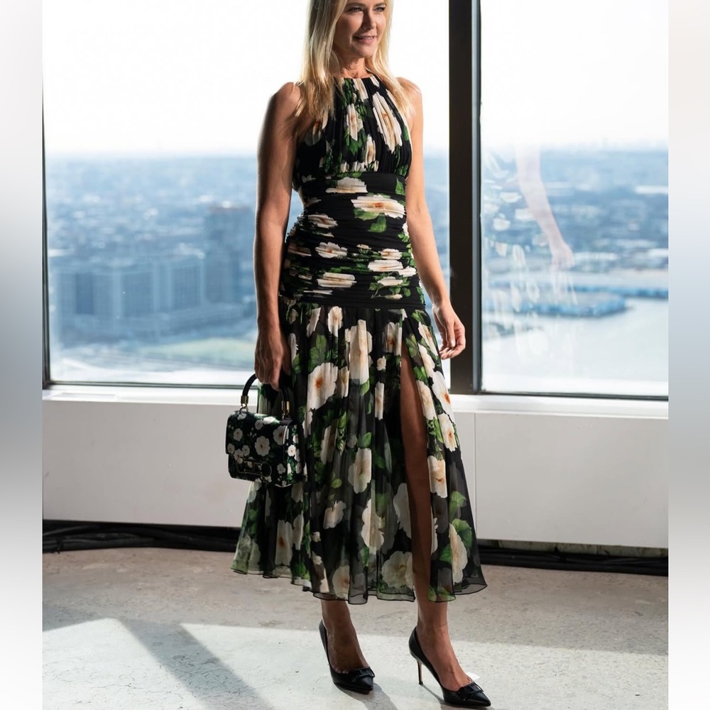 Carolina Herrera Womens Halter Neck Gathered Silk Midi Dress Floral Black